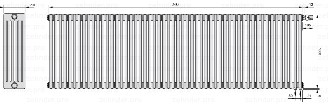 Схема (чертеж) Радиатор Zehnder Charleston 6180/54 №V002 Белый глянцевый RAL 9016